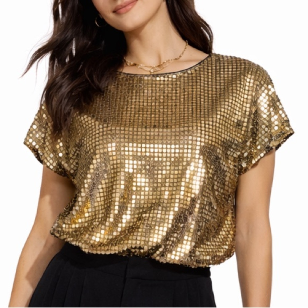 Vintage Glam Disco Party Gold Sequin Top - Metallic Gold M